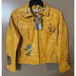 MontanaCo Woman’s Size S yellow faux leather jacket with floral embroidery NWT